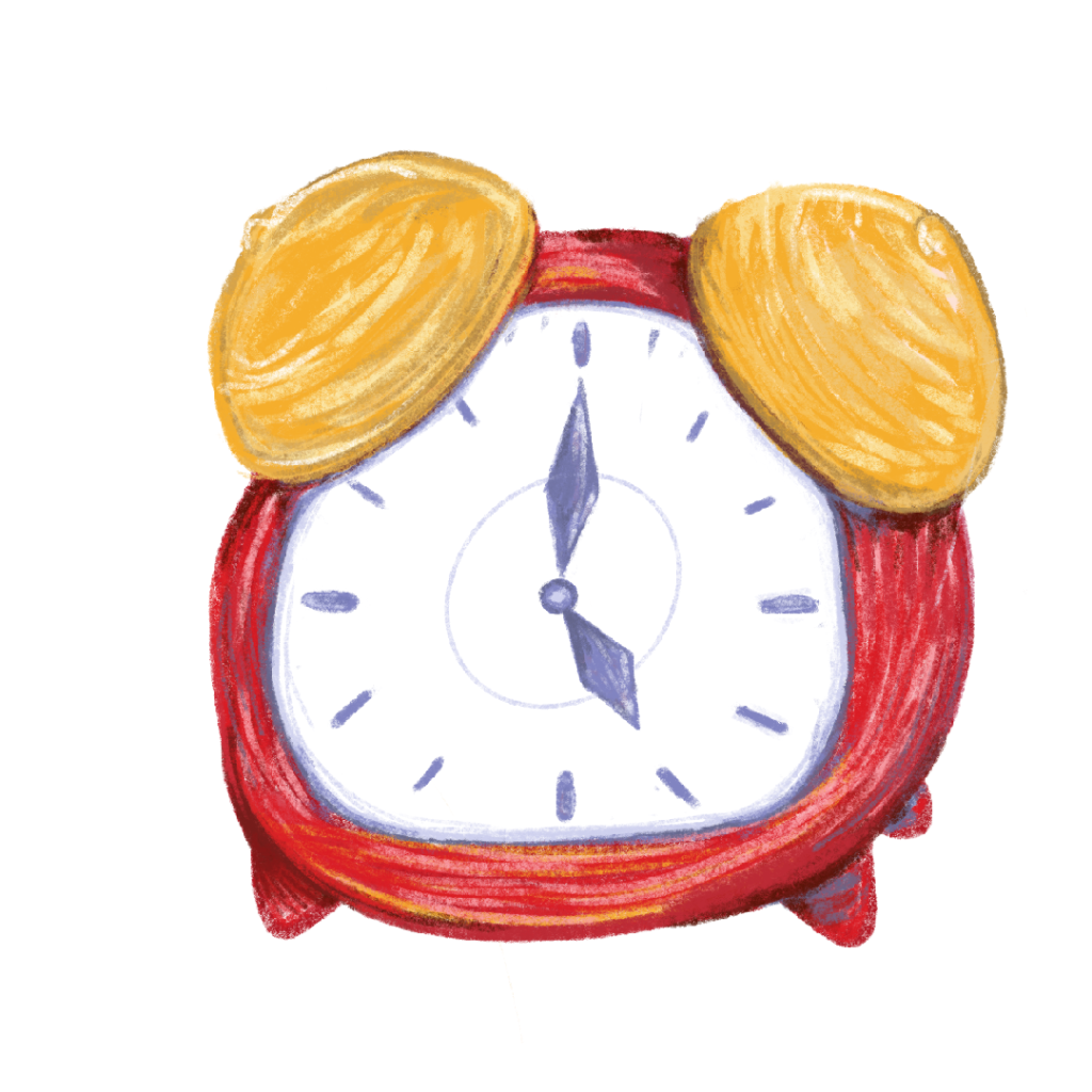 A sketchy illustration of an alarm clock in the signature Speak Volumes colours; Purple, Red, and Gold.
