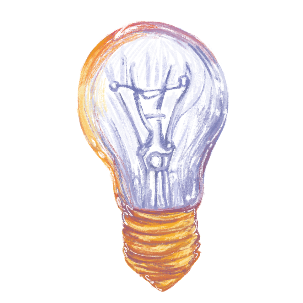 A sketchy illustration of a lightbulb in the signature Speak Volumes colours; Purple, Red, and gold.