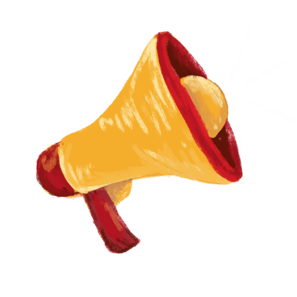 A sketchy illustration of a megaphone in the signature Speak Volumes colours; Purple, Red, and gold.